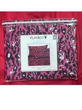 vtg~Playboy Bunny Rabbit Head Hot pink leopard cheetah Sheet set~Full size 4pc